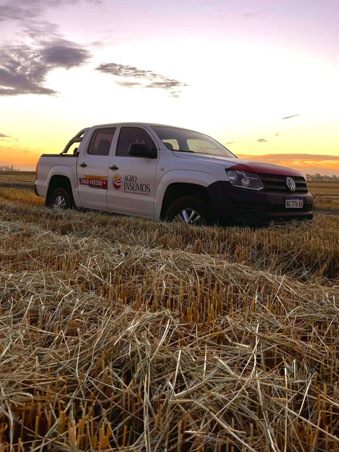 Camioneta de Agro Insumos en un campo de trigo al atardecer